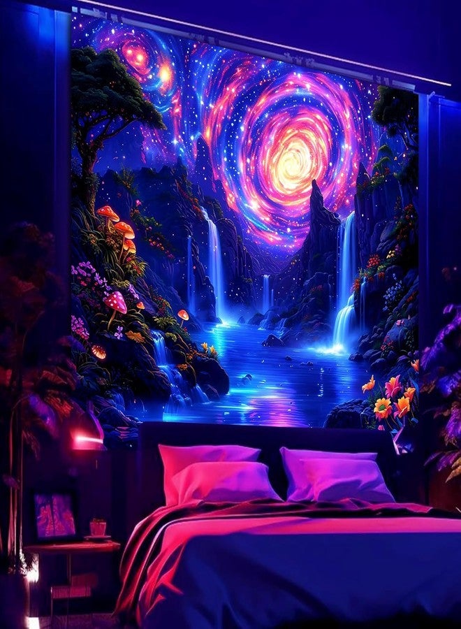 Manicer Blacklight Galaxy Waterfall Neon Tapestry - UV Reactive Glowing Cosmic Spiral Sky Glow in the Dark Nature Fantasy Landscape Wall Art for Bedroom - 59.1" x 80" - Image 3